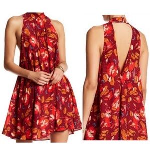 Free people red floral high halter neck mini dress size extra small